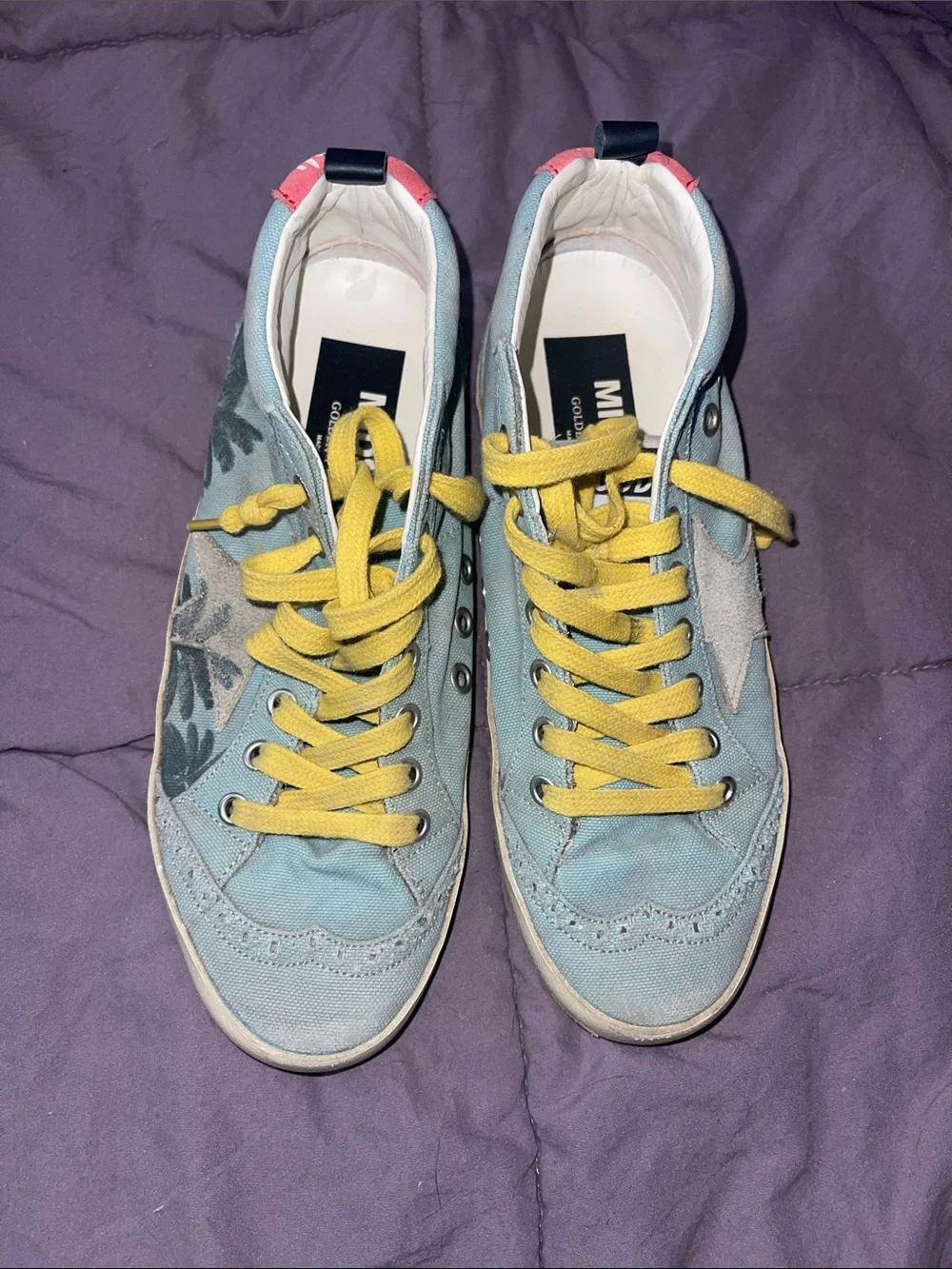 Golden Goose Light Blue Sneakers with Yellow Laces and Pink Heel Accents - Picture 4 of 6